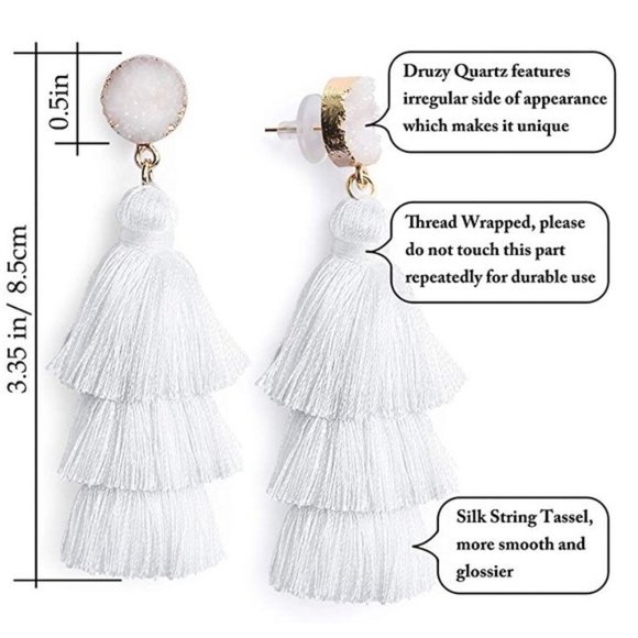 Boho Chic White Druzy Tassel Earrings - Picture 4 of 4